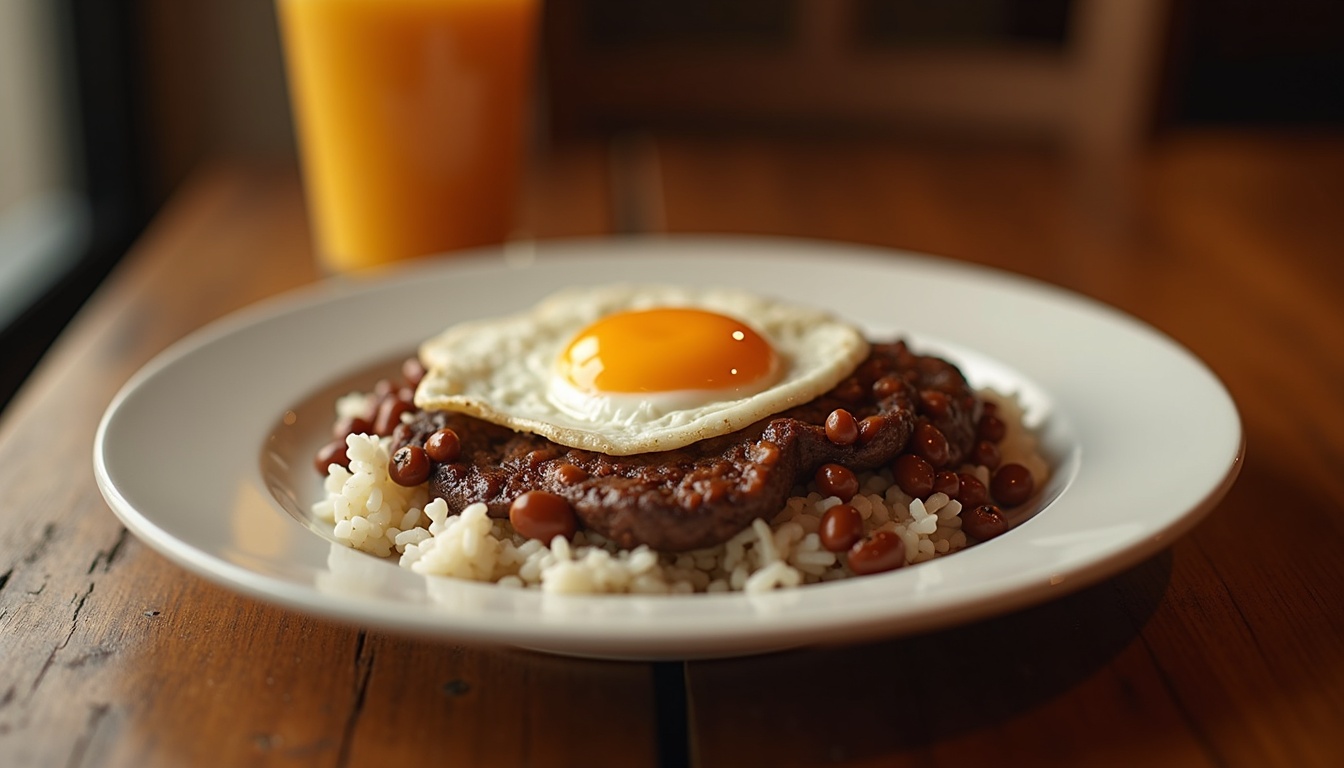Prato feito com arroz, feijão, bife e ovo frito